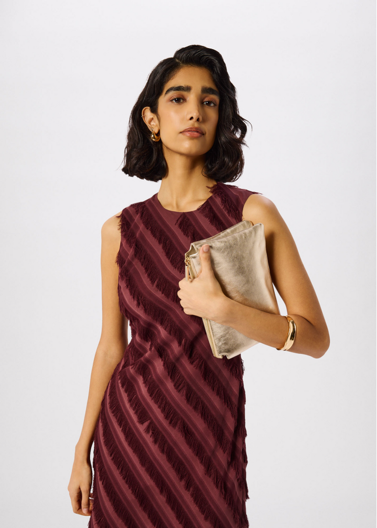 Brown Diagonal Fringe Textured Dress 