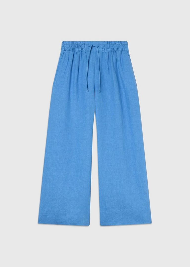 Blue Elasticated Linen Crop Trouser