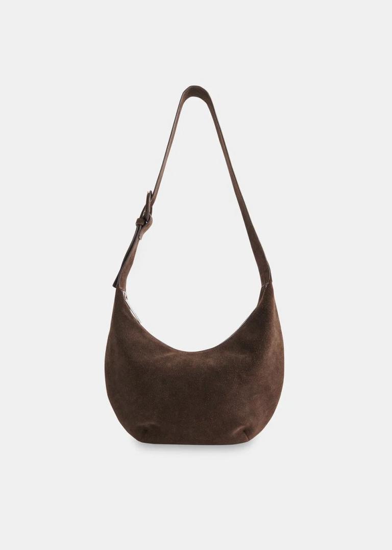 Chocolate Sia Suede Curved Crossbody Bag