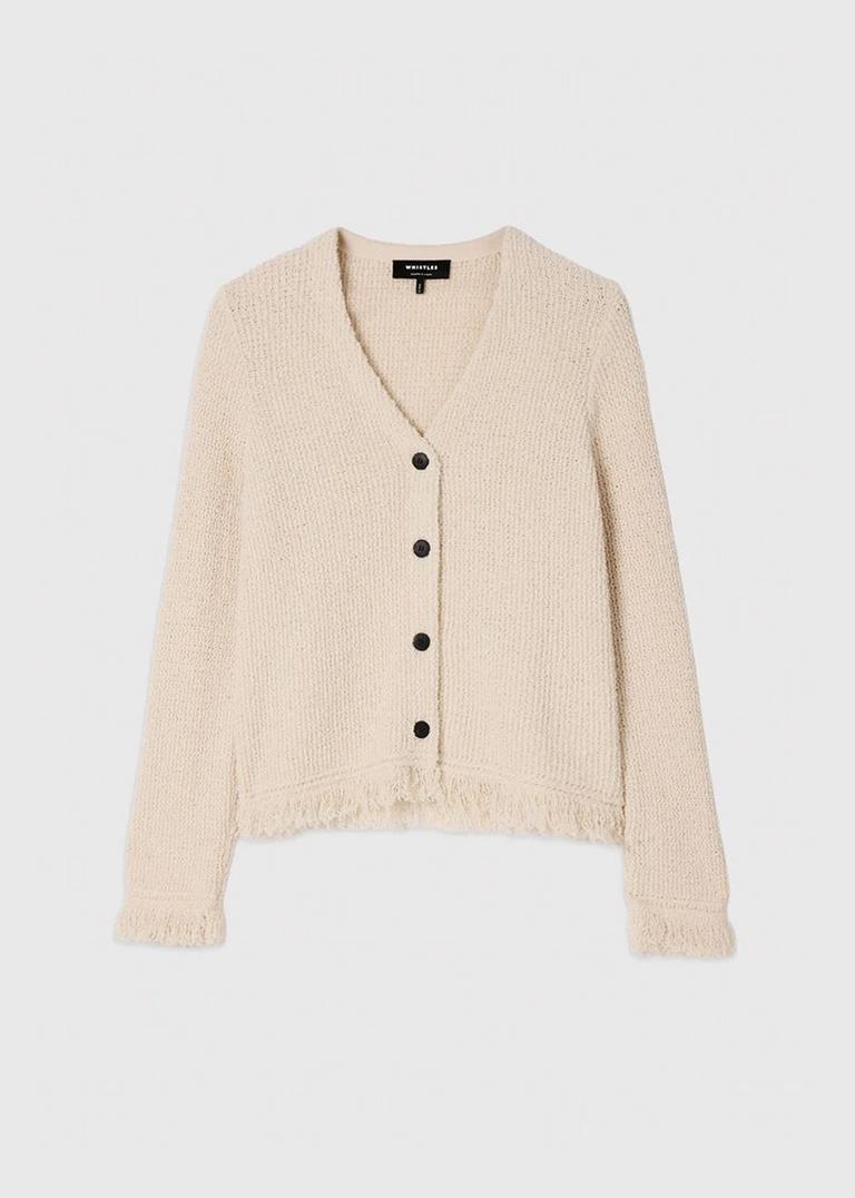 Ivory Cotton Boucle Fringe Cardigan