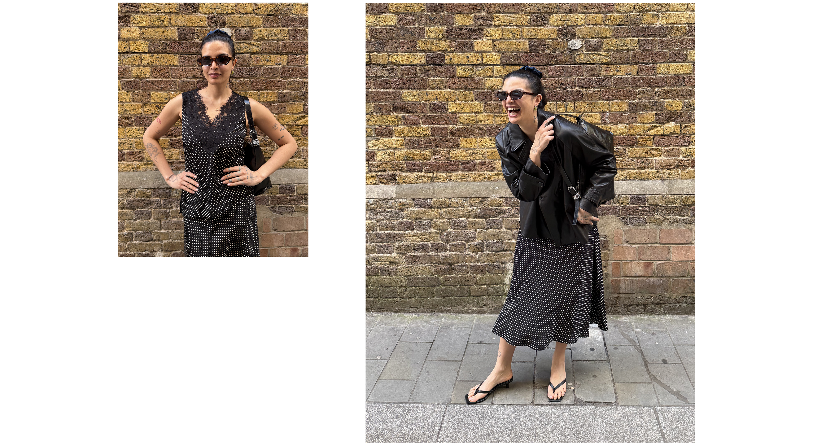 Collage of Emma Breschi in polka dot co-ord