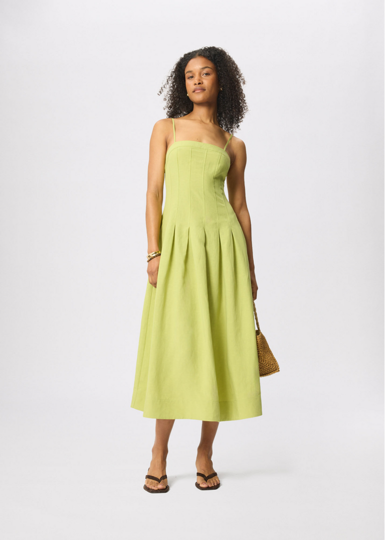 Green Linen Blend Waisted Dress 