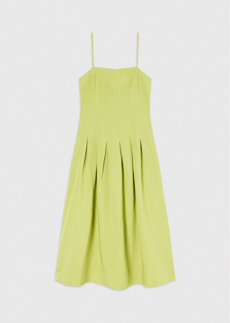 Green Linen Blend Waisted Dress