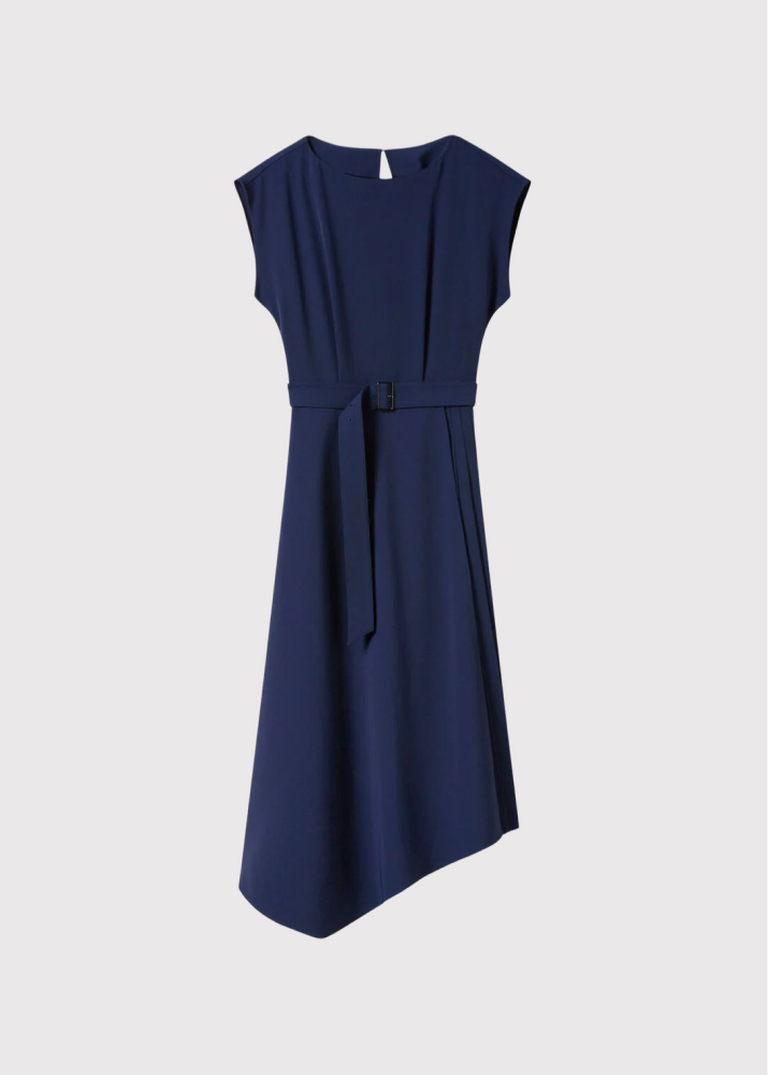 Navy Pleat Detail Asymmetric Midi Dress