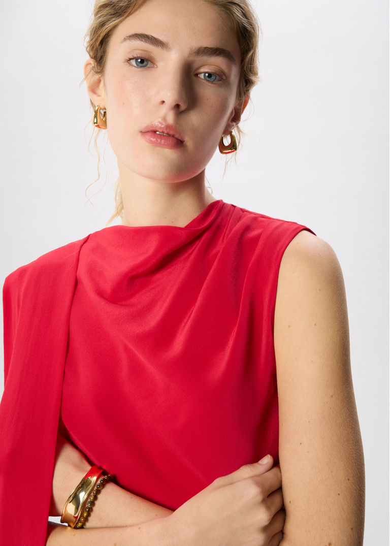 Red Cowl Neck Silk Drape Top