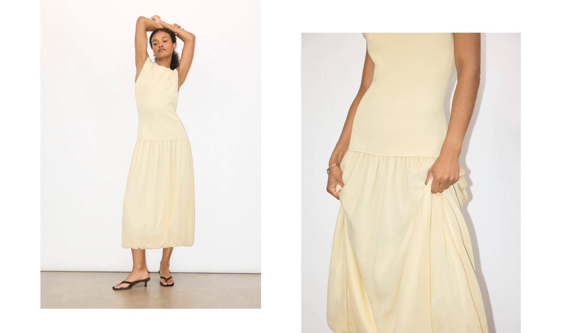 Collage of model in the bubble hem dress