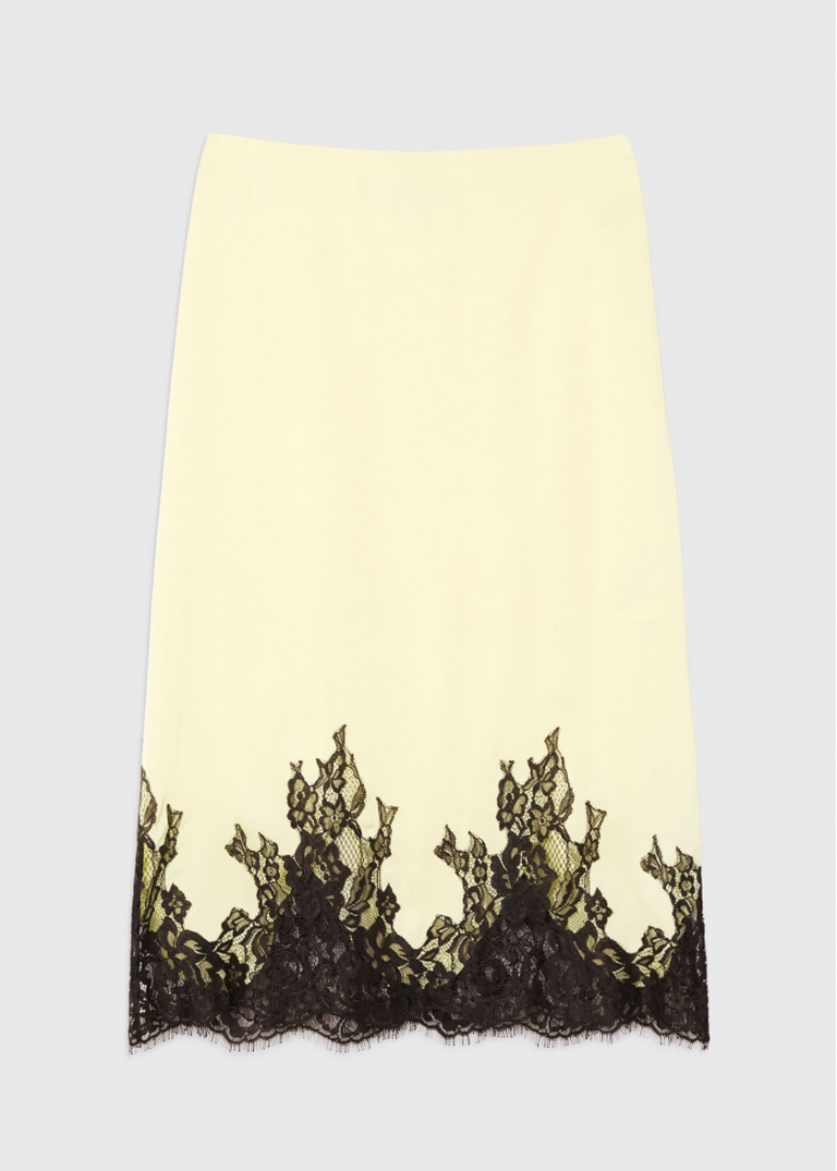 Yellow/Multi Lace Hem Satin Midi Skirt 