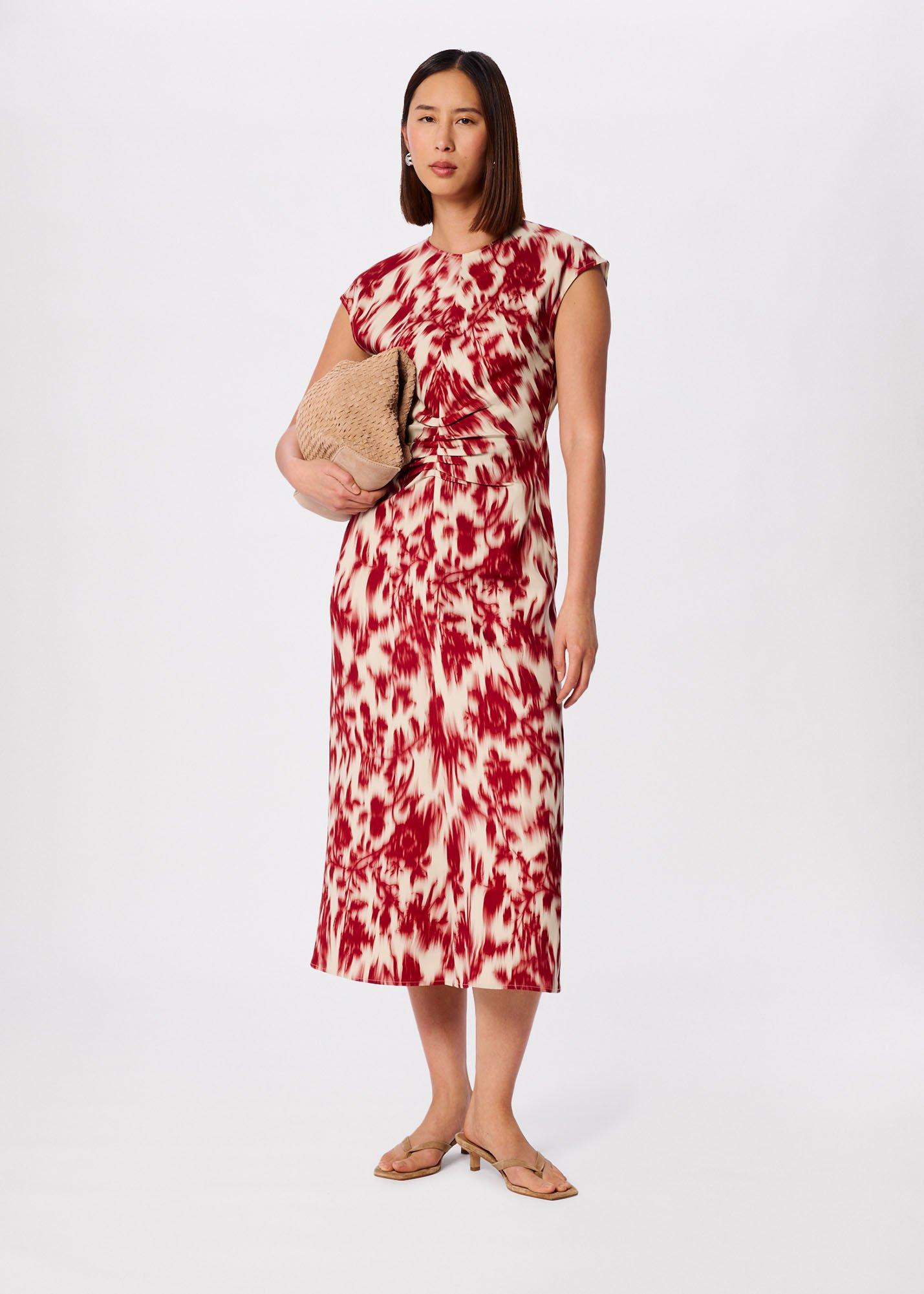 Red Blurred Floral Crepe Dress