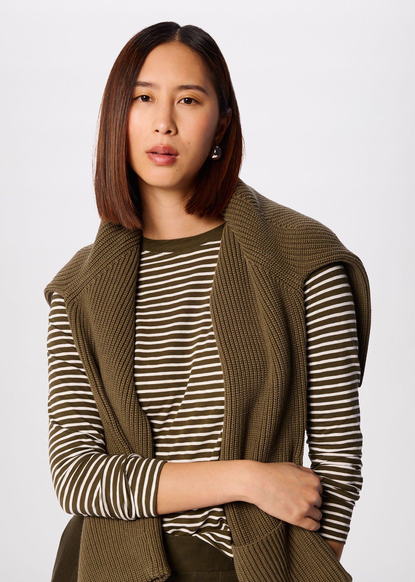 Khaki Stripe Crew Neck Pocket Top