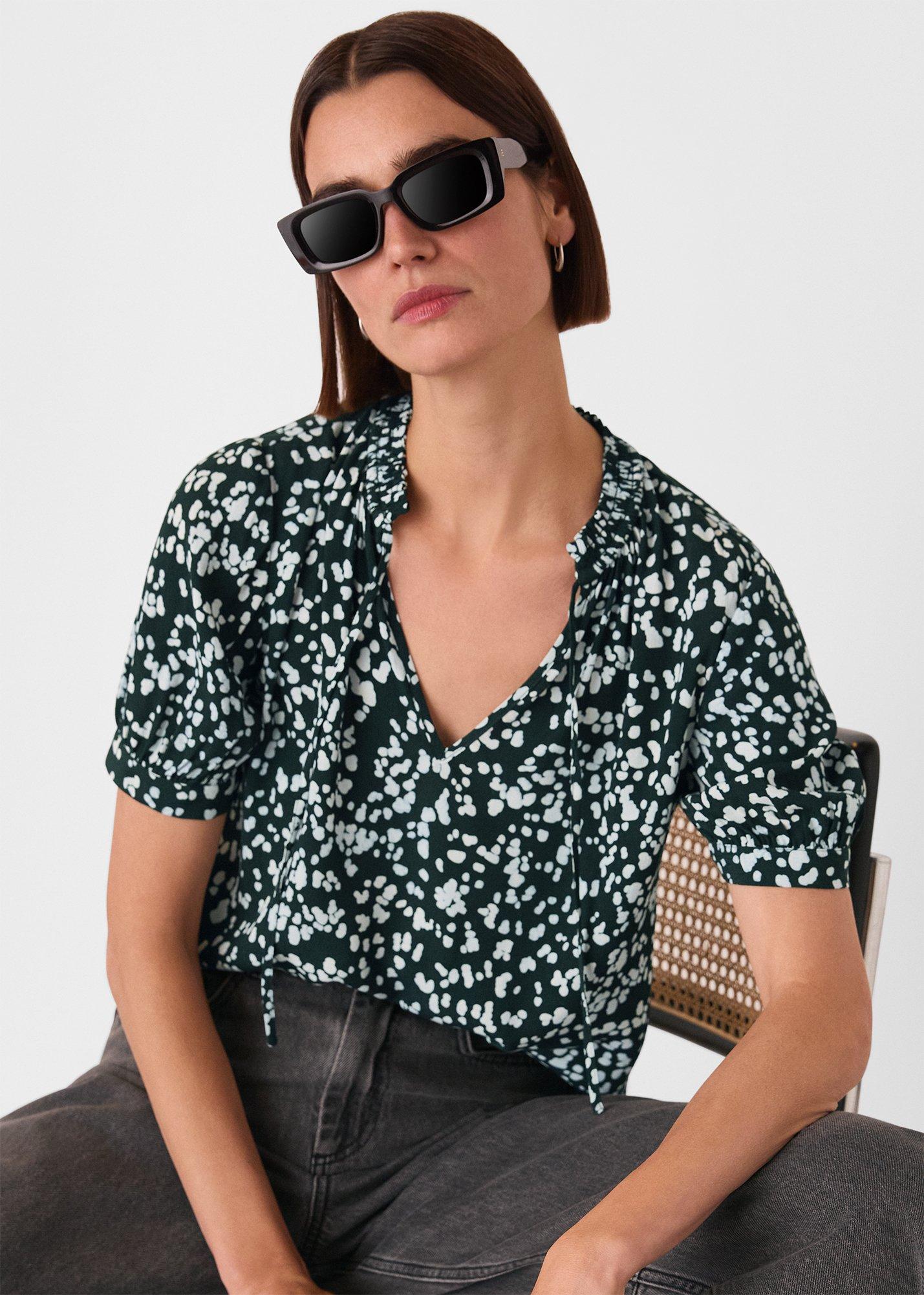 Teal Animal Tie Neck Blouse