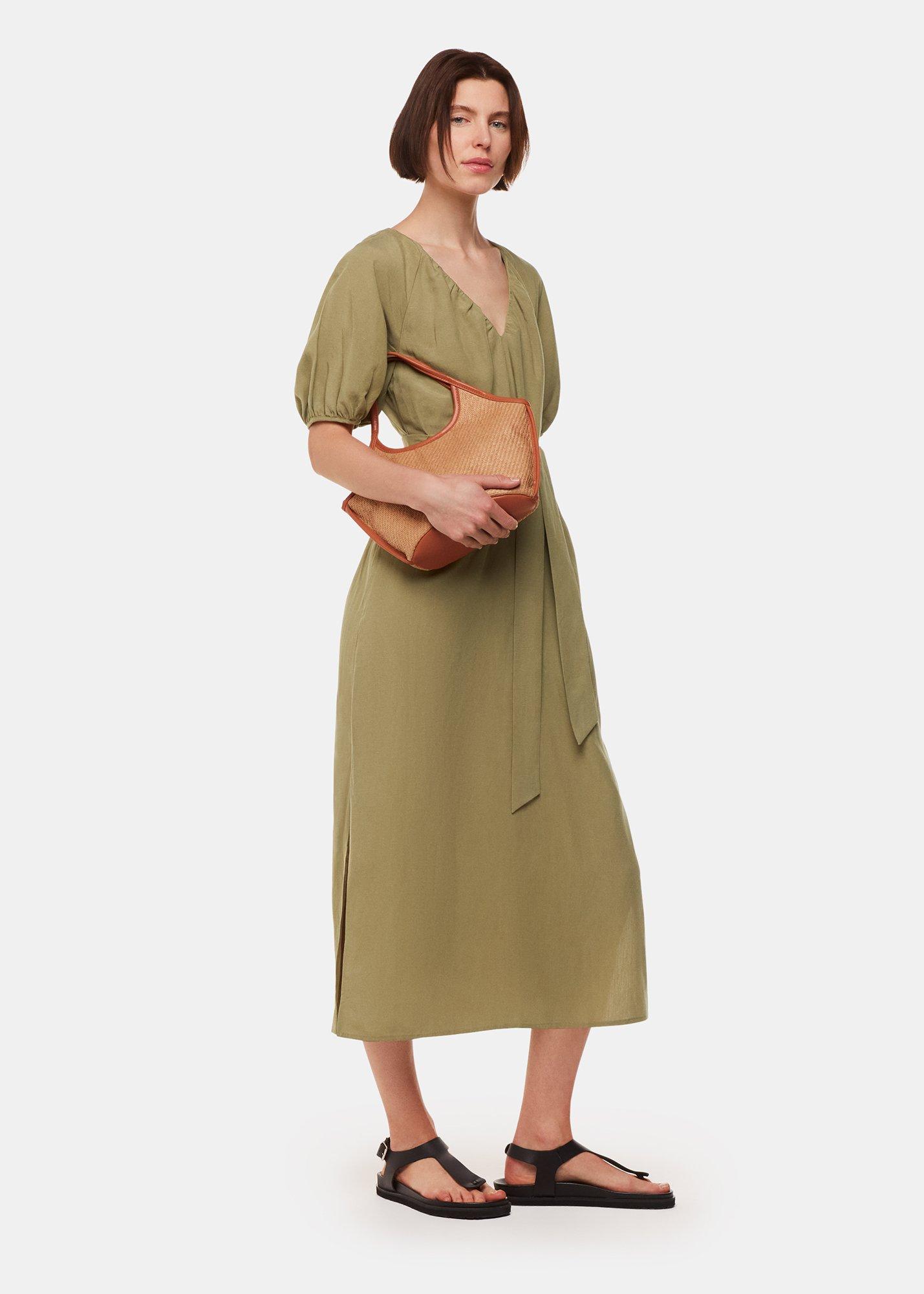 Khaki Ariella Linen Blend Midi Dress