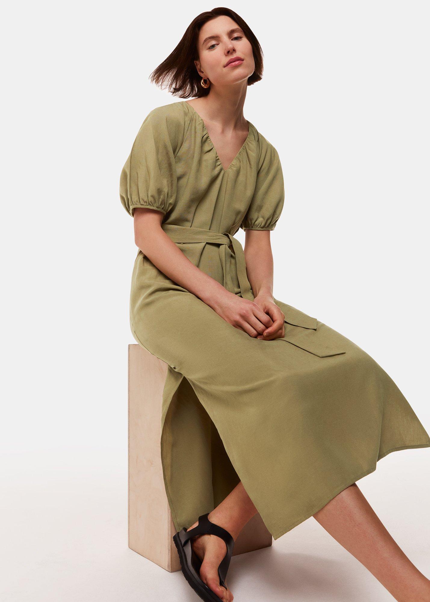 Khaki Ariella Linen Blend Midi Dress