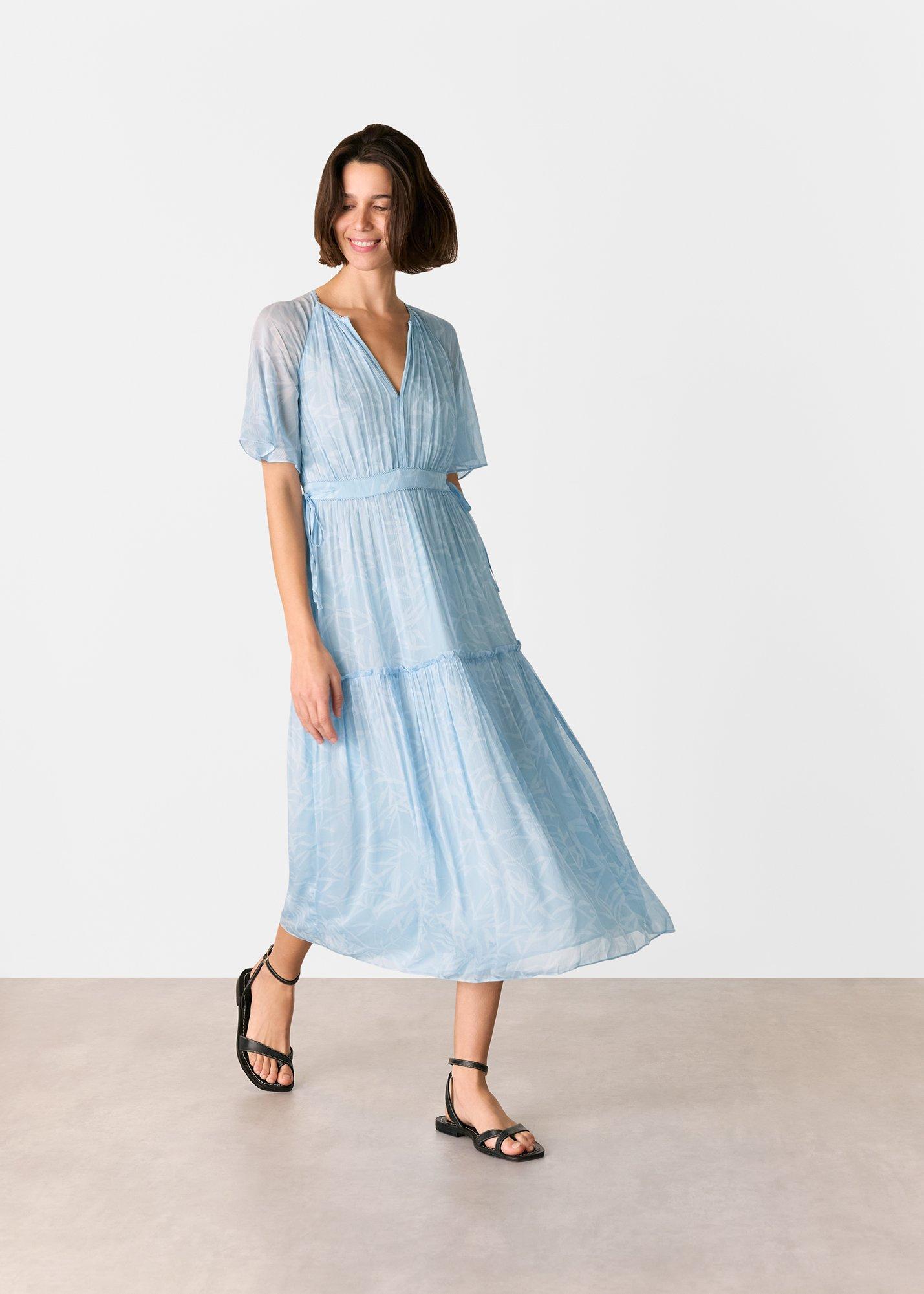 Blue Petite Bamboo Leaves Gathered Dress