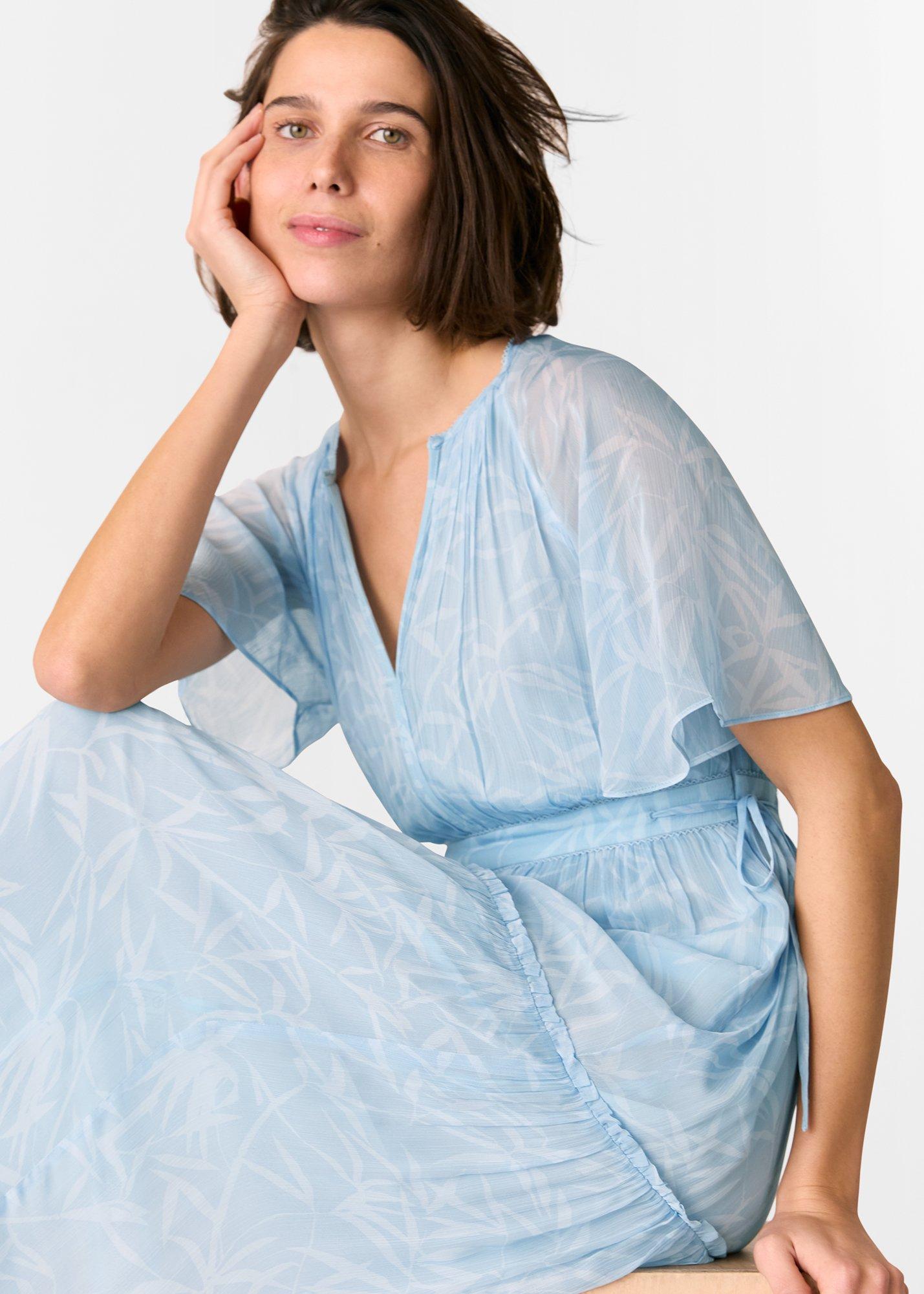 Blue Petite Bamboo Leaves Gathered Dress