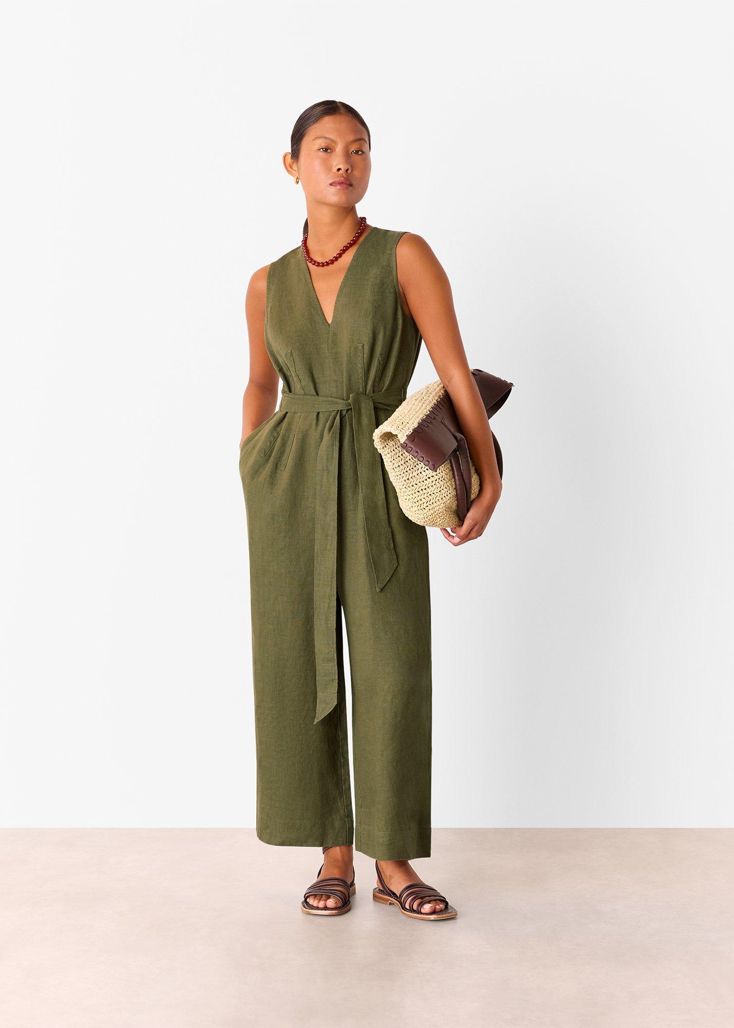 Khaki Petite Belted Seamed Linen Jumpsuit