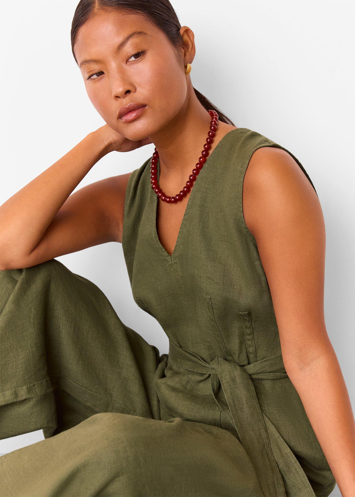 Petite Belted Seamed Linen Jumpsuit
