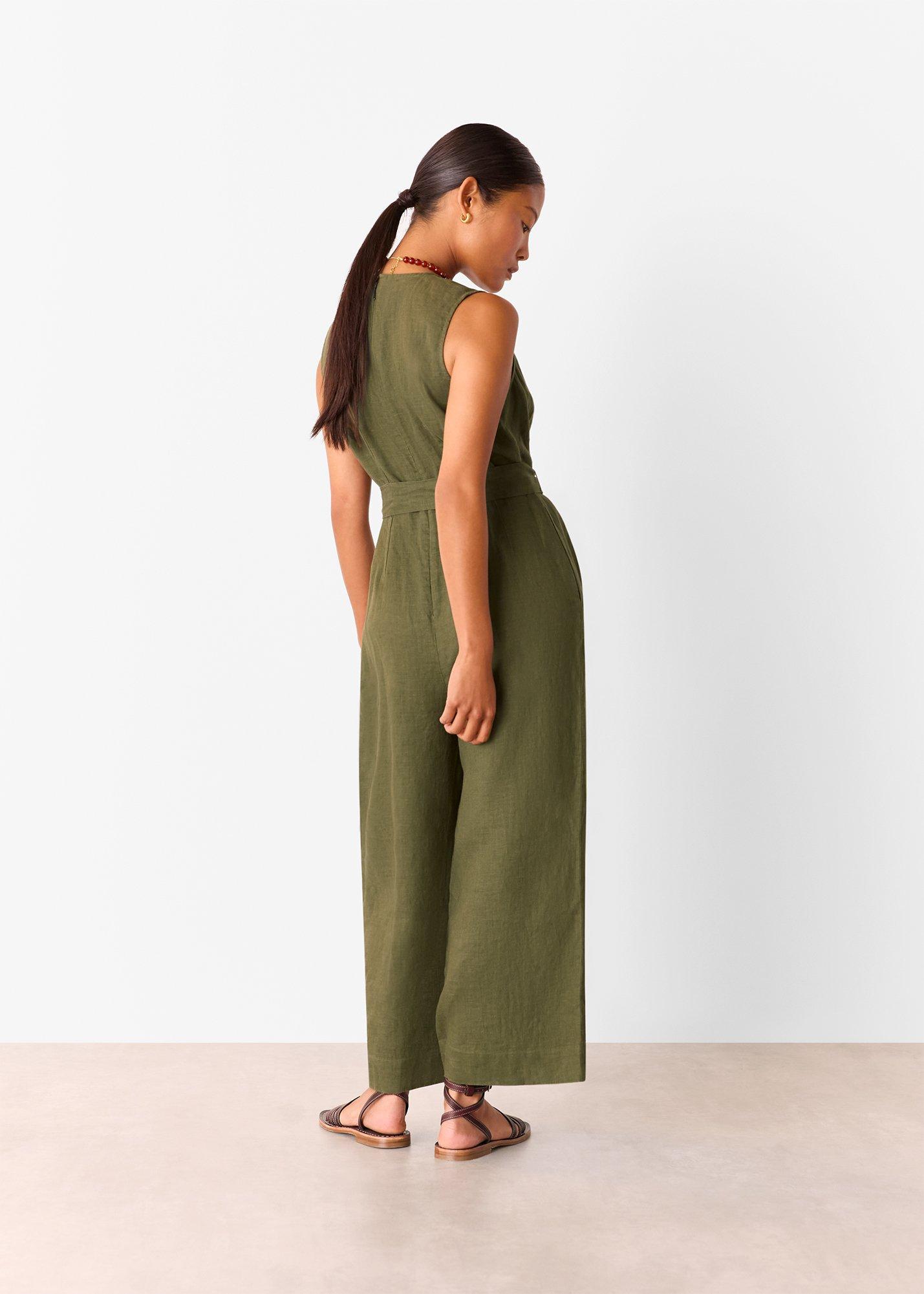 Petite Belted Seamed Linen Jumpsuit