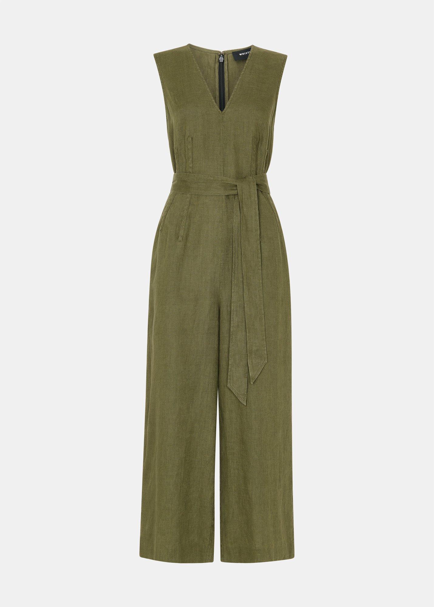 Petite Belted Seamed Linen Jumpsuit