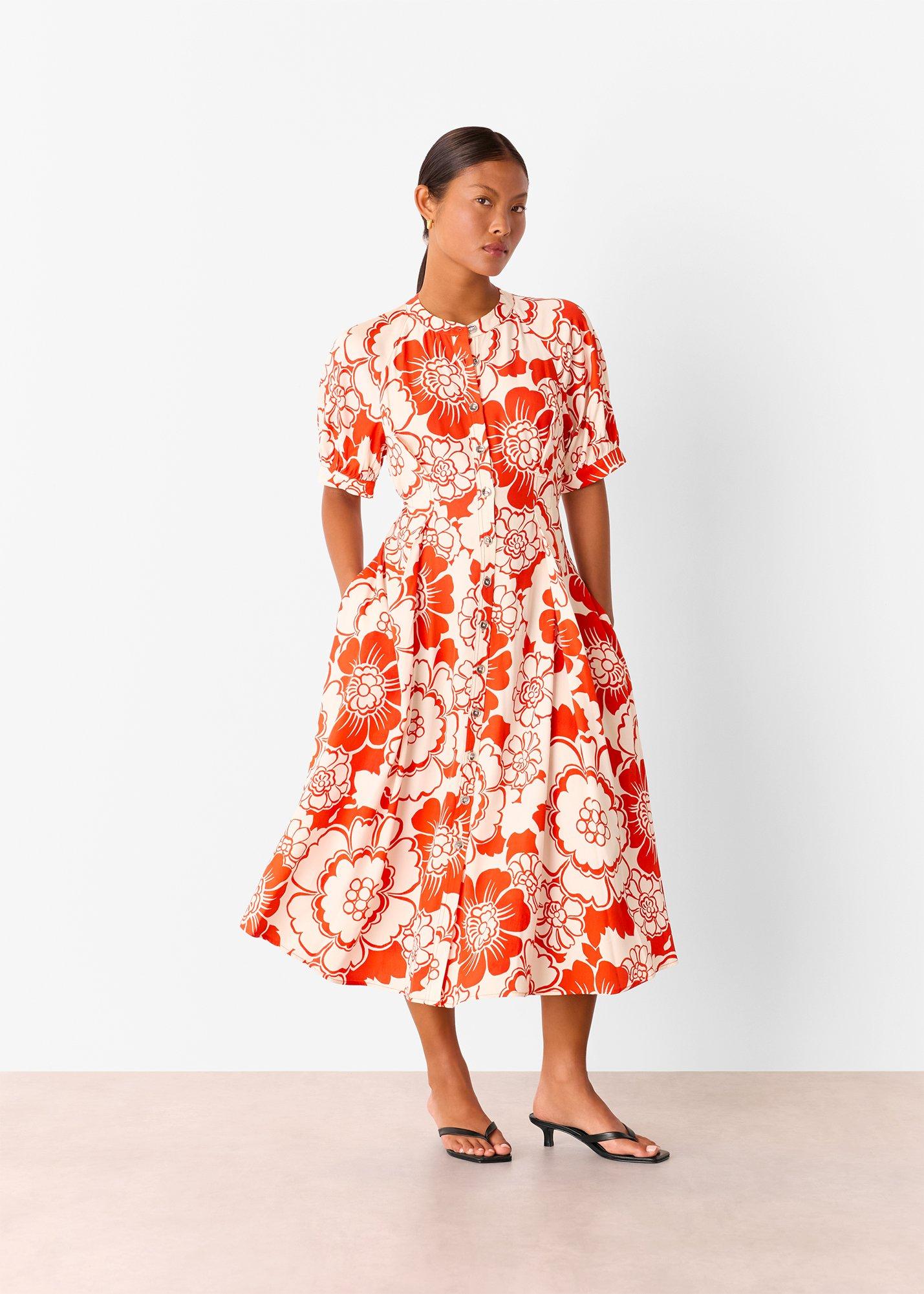 Red Bloom Floral Midi Dress