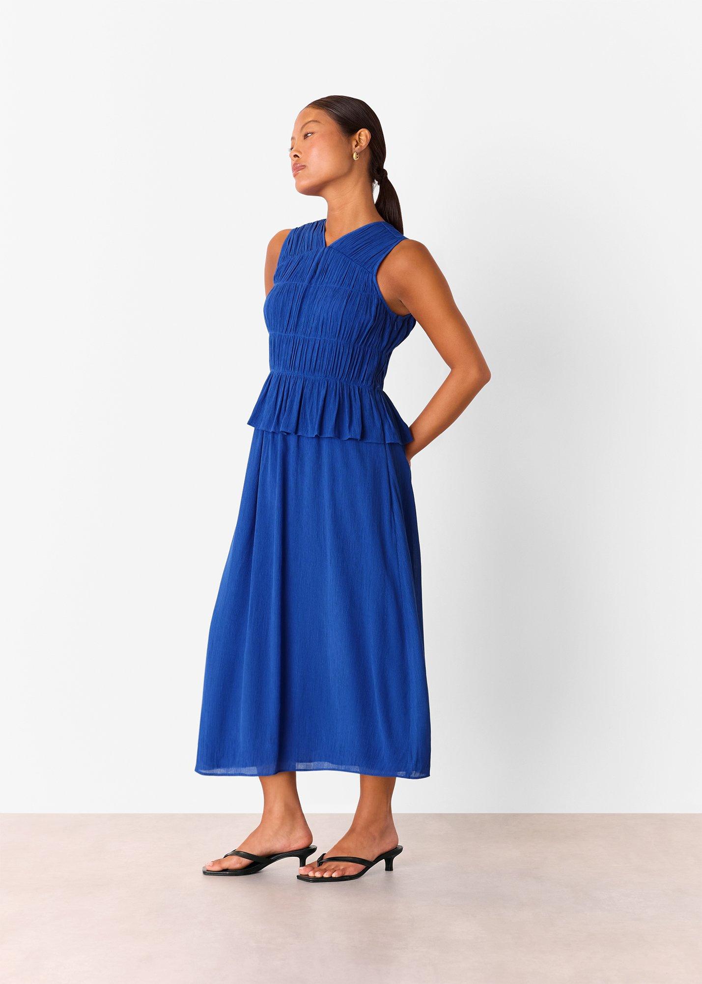 Cobalt Blue Shirred V Neck Midi Dress