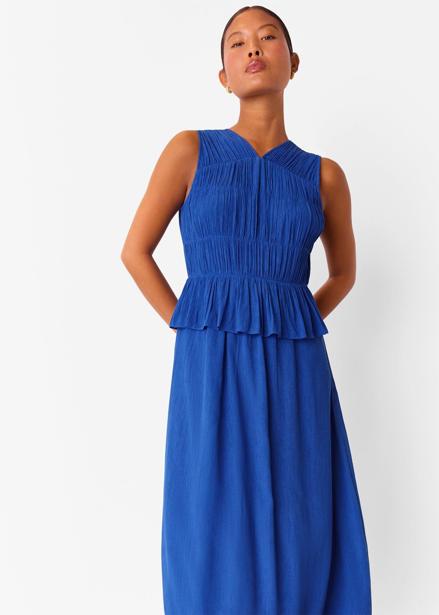 Shirred V Neck Midi Dress