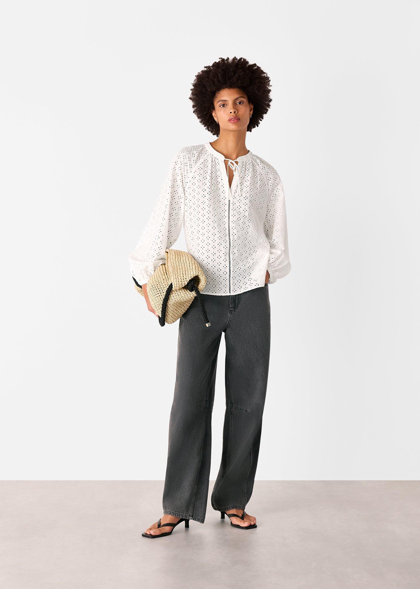 White Broderie V Neck Blouse
