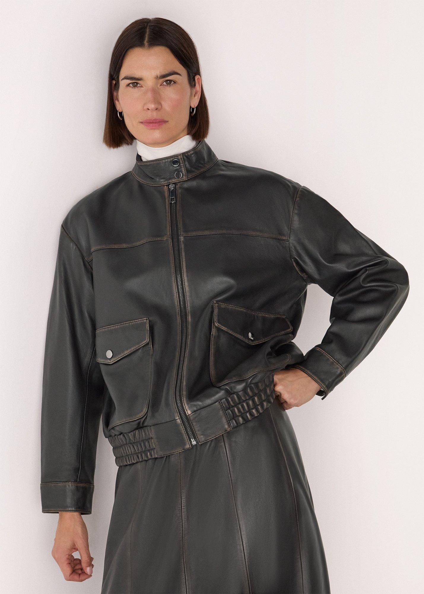 Black Burnished Leather Bomber
