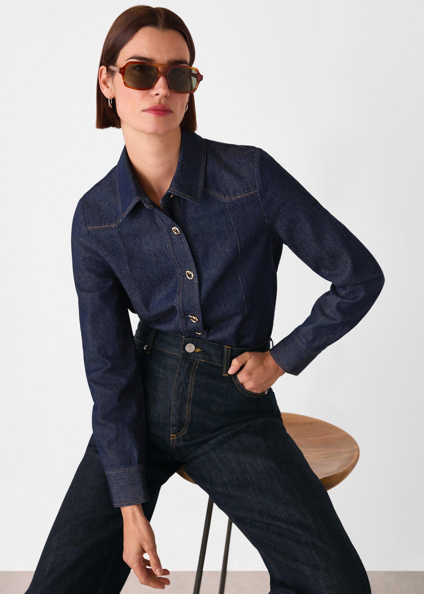 Dark Denim Button Detail Cotton Shirt