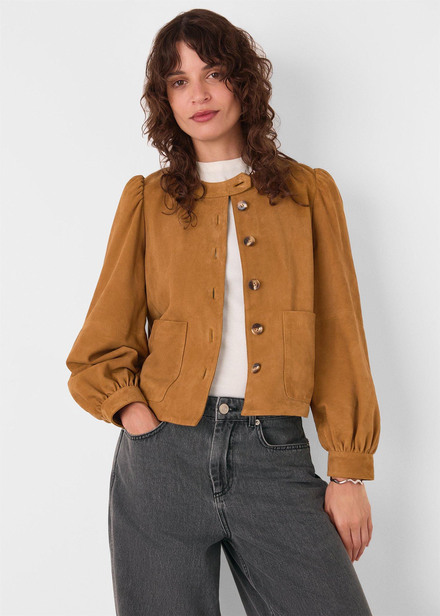 Camel Button Front Suede Jacket