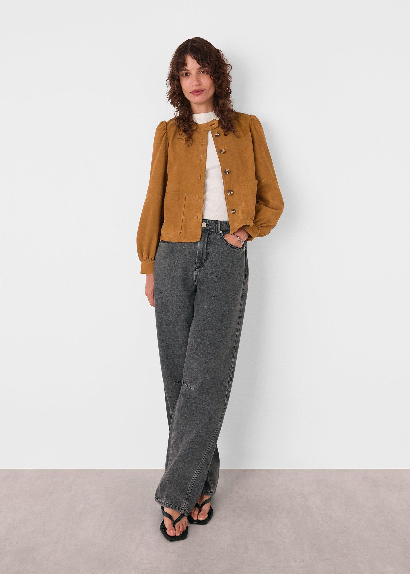 Camel Button Front Suede Jacket