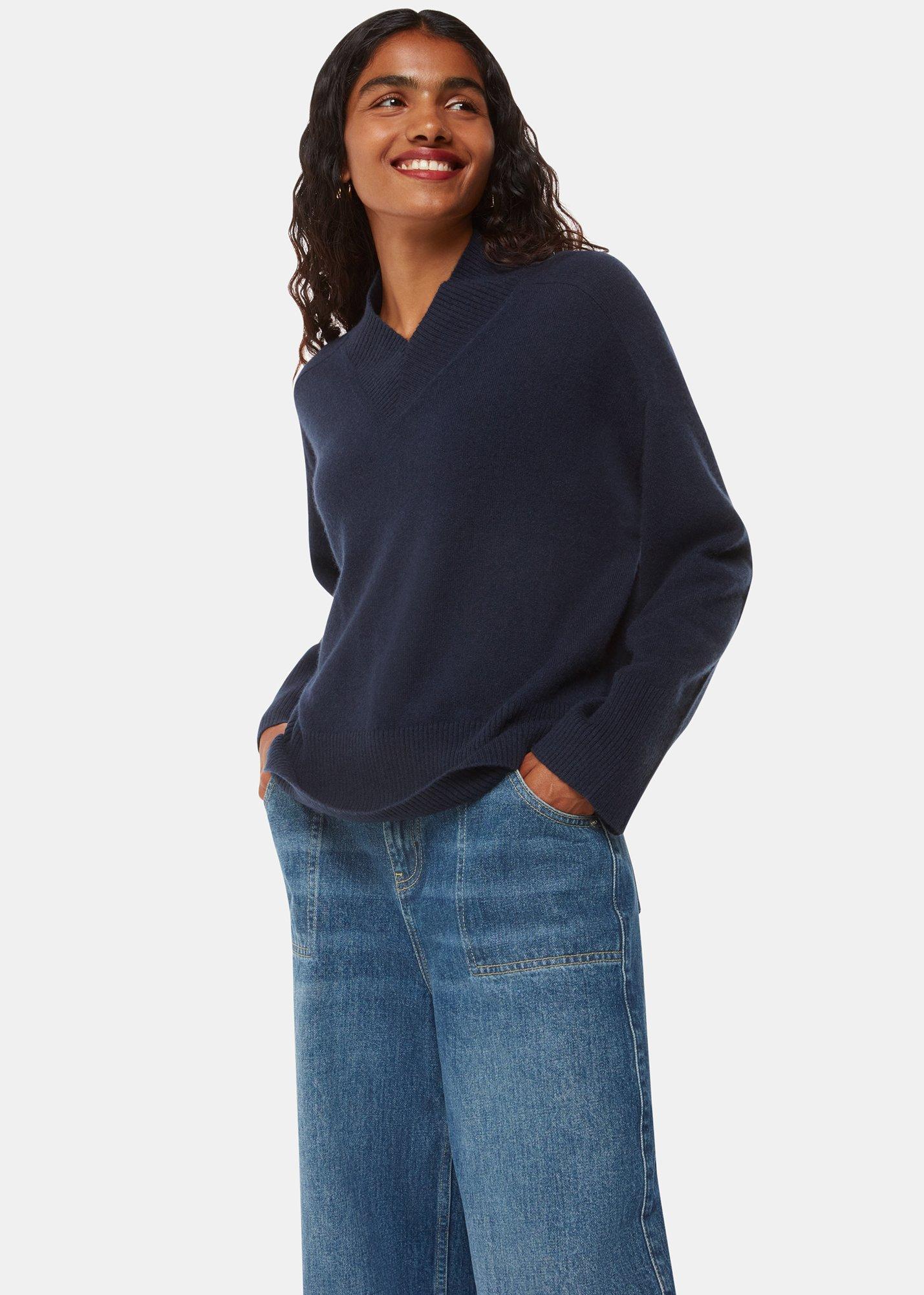 Navy Cashmere V Neck Sweater