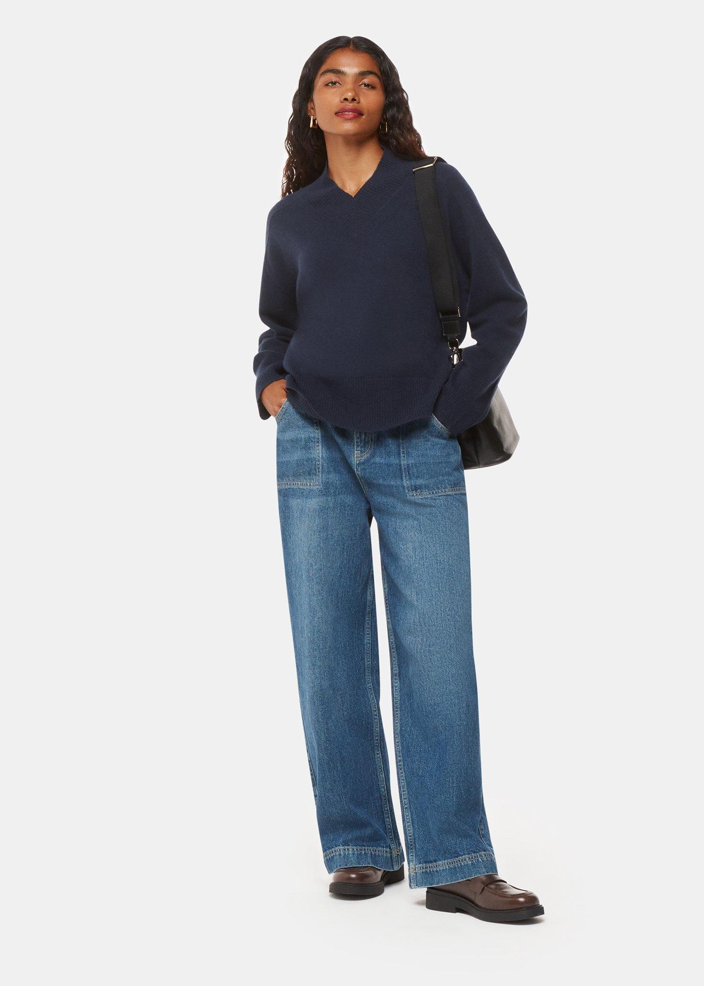 Navy Cashmere V Neck Sweater