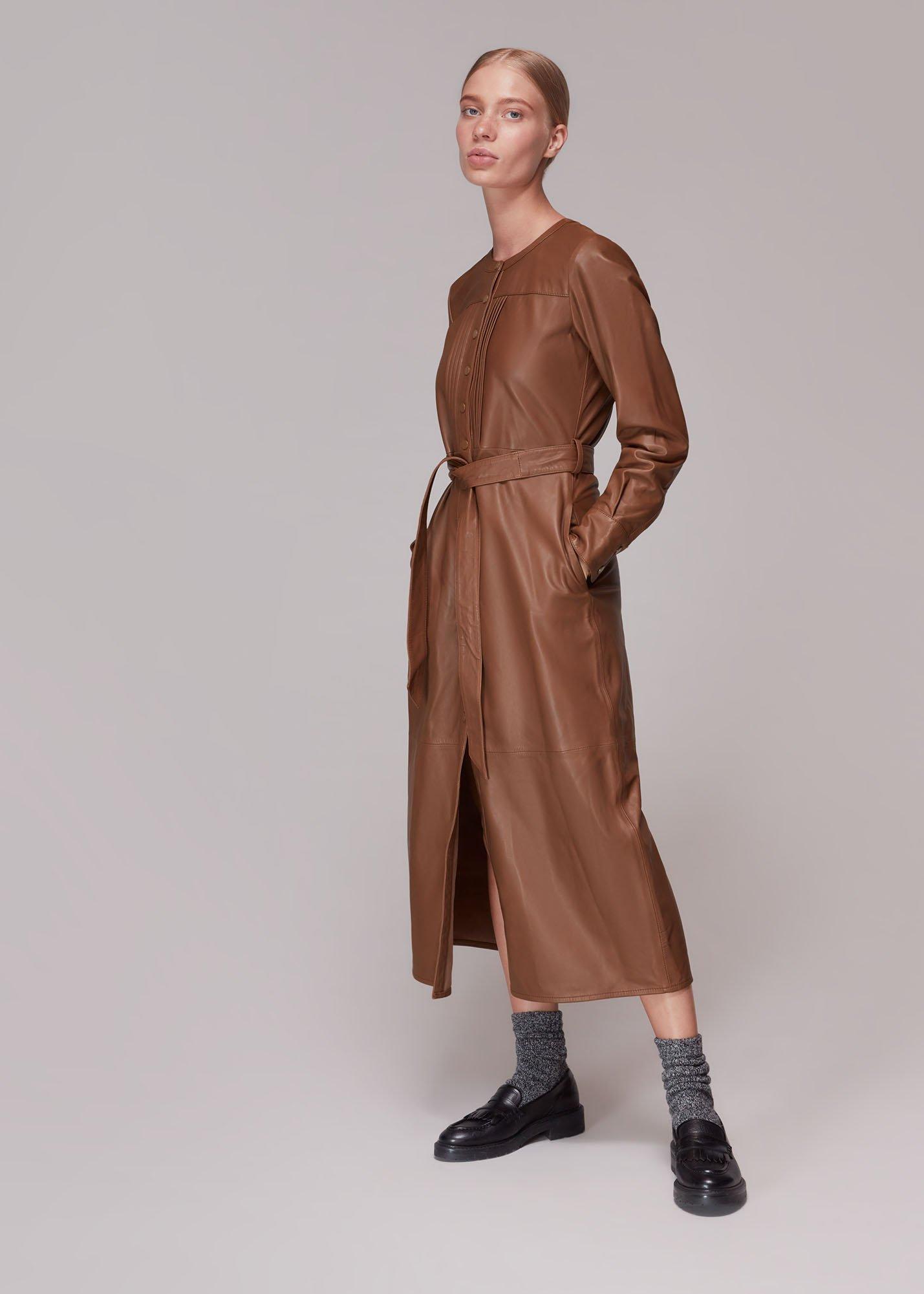 Toffee Pintuck Leather Midi Dress