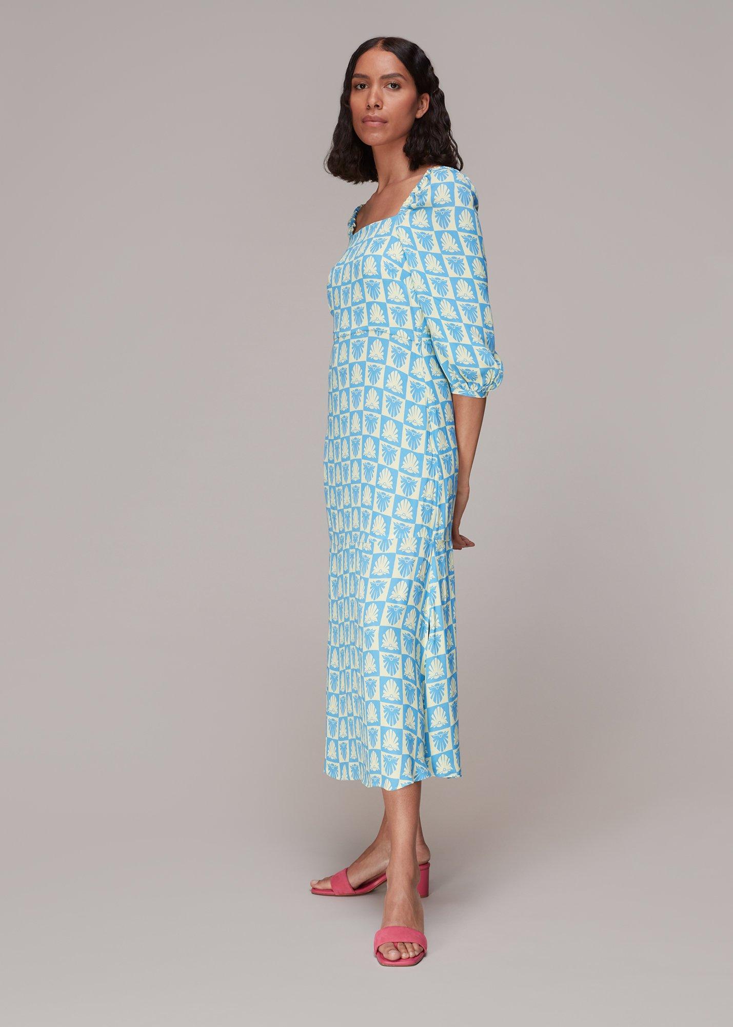 Blue Checkerboard Shells Midi Dress