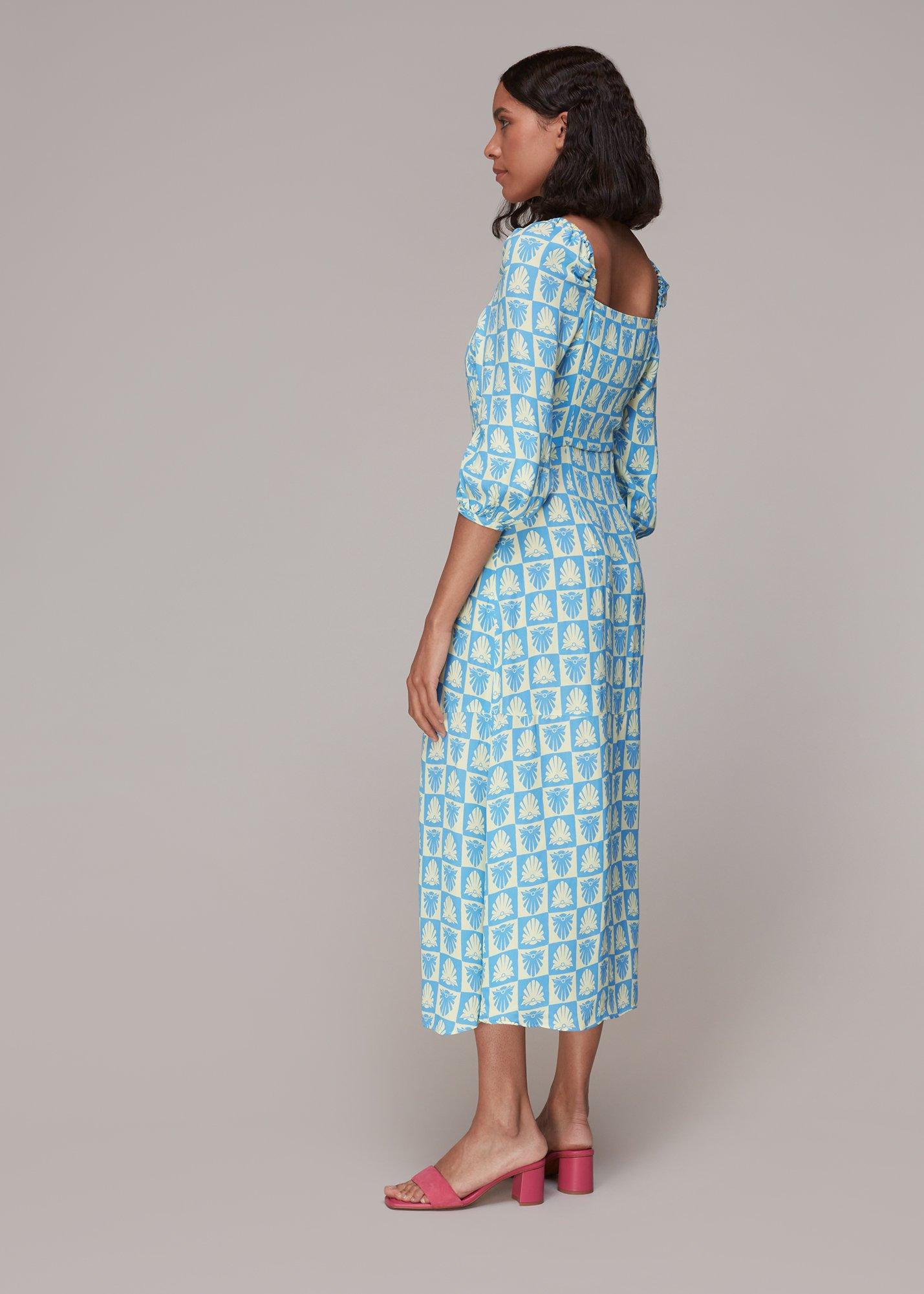 Blue Checkerboard Shells Midi Dress
