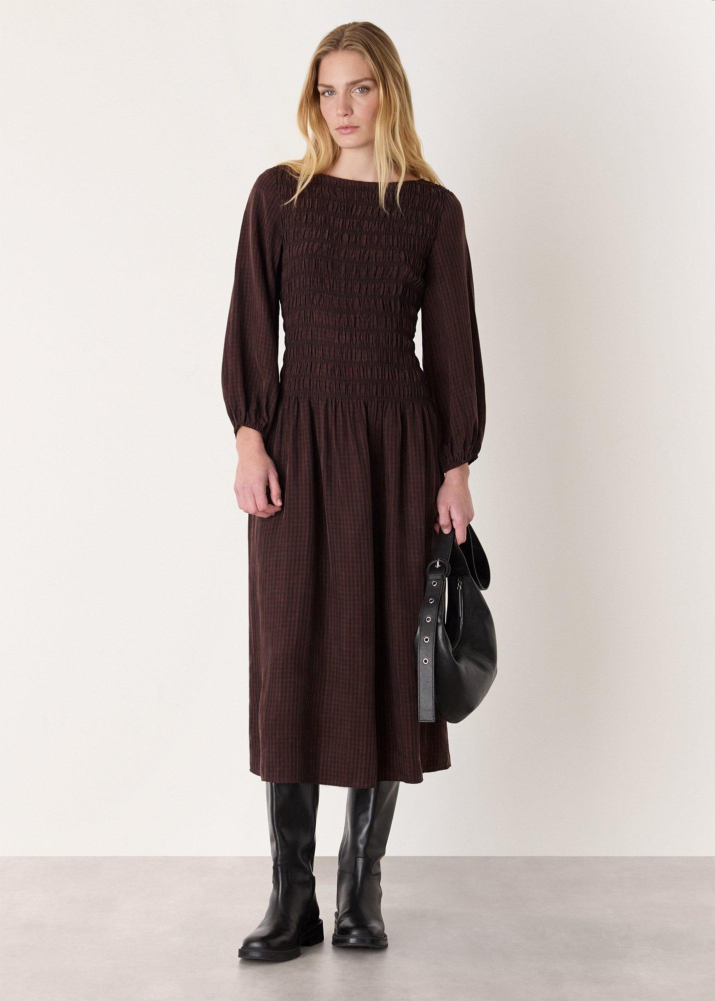 Brown Checked Shirred Dress