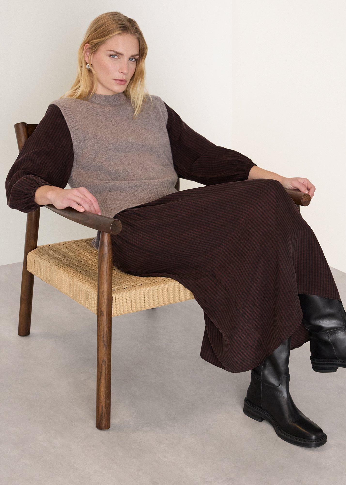 Brown Checked Shirred Dress