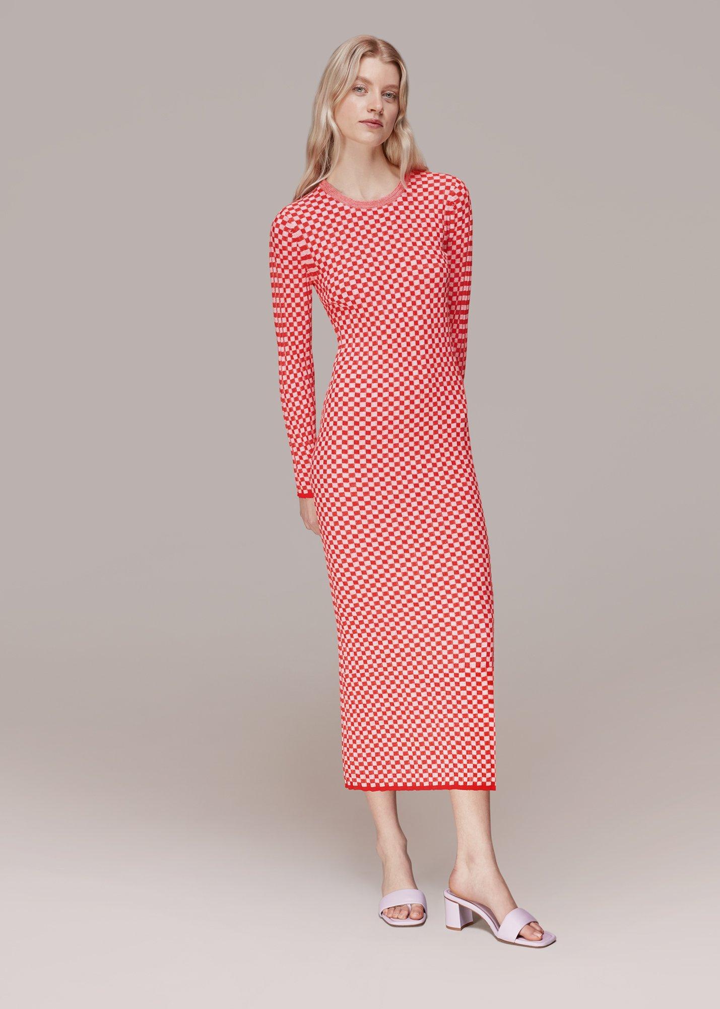 Red Checkerboard Midi Sweater Dress