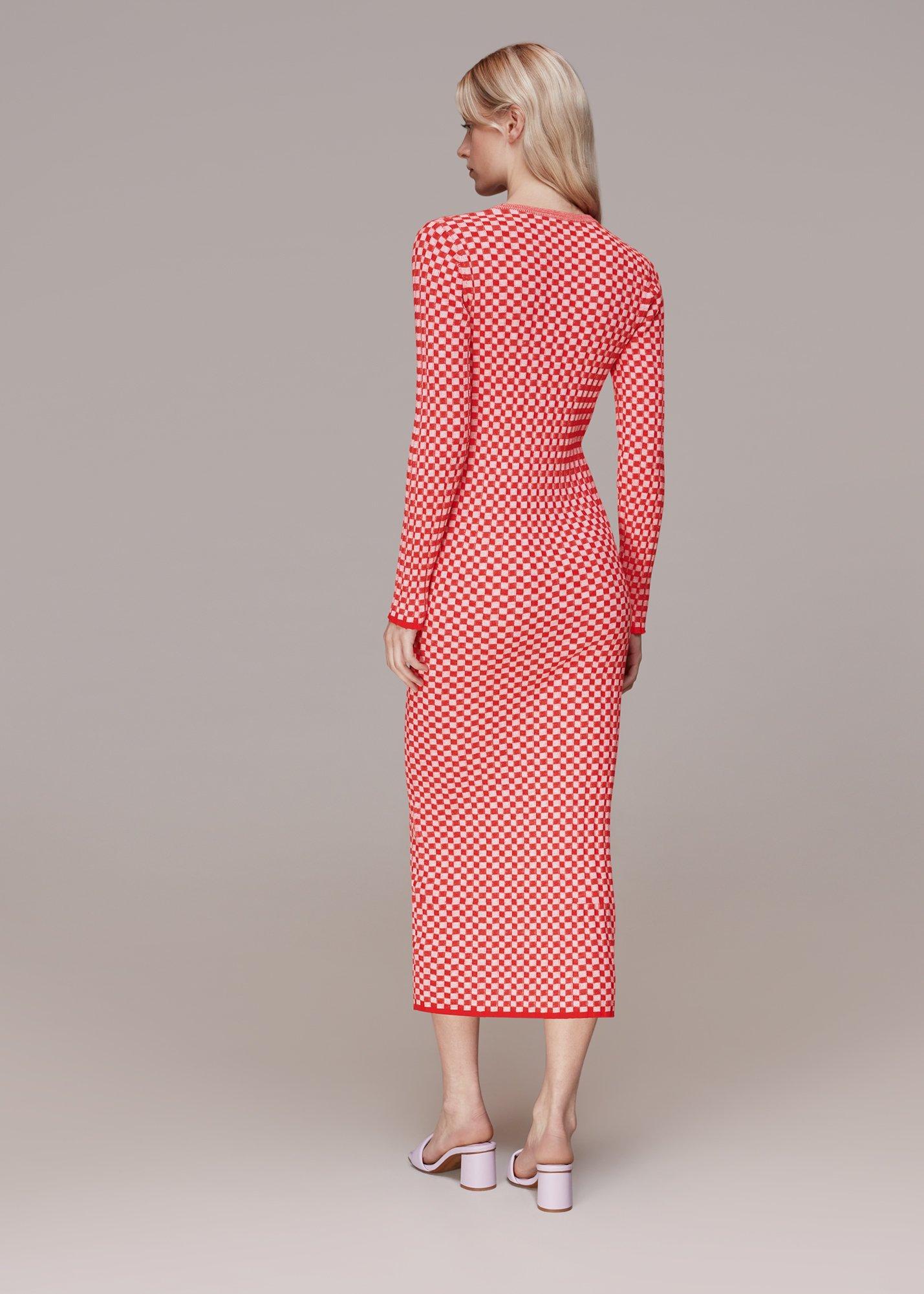 Red Checkerboard Midi Sweater Dress