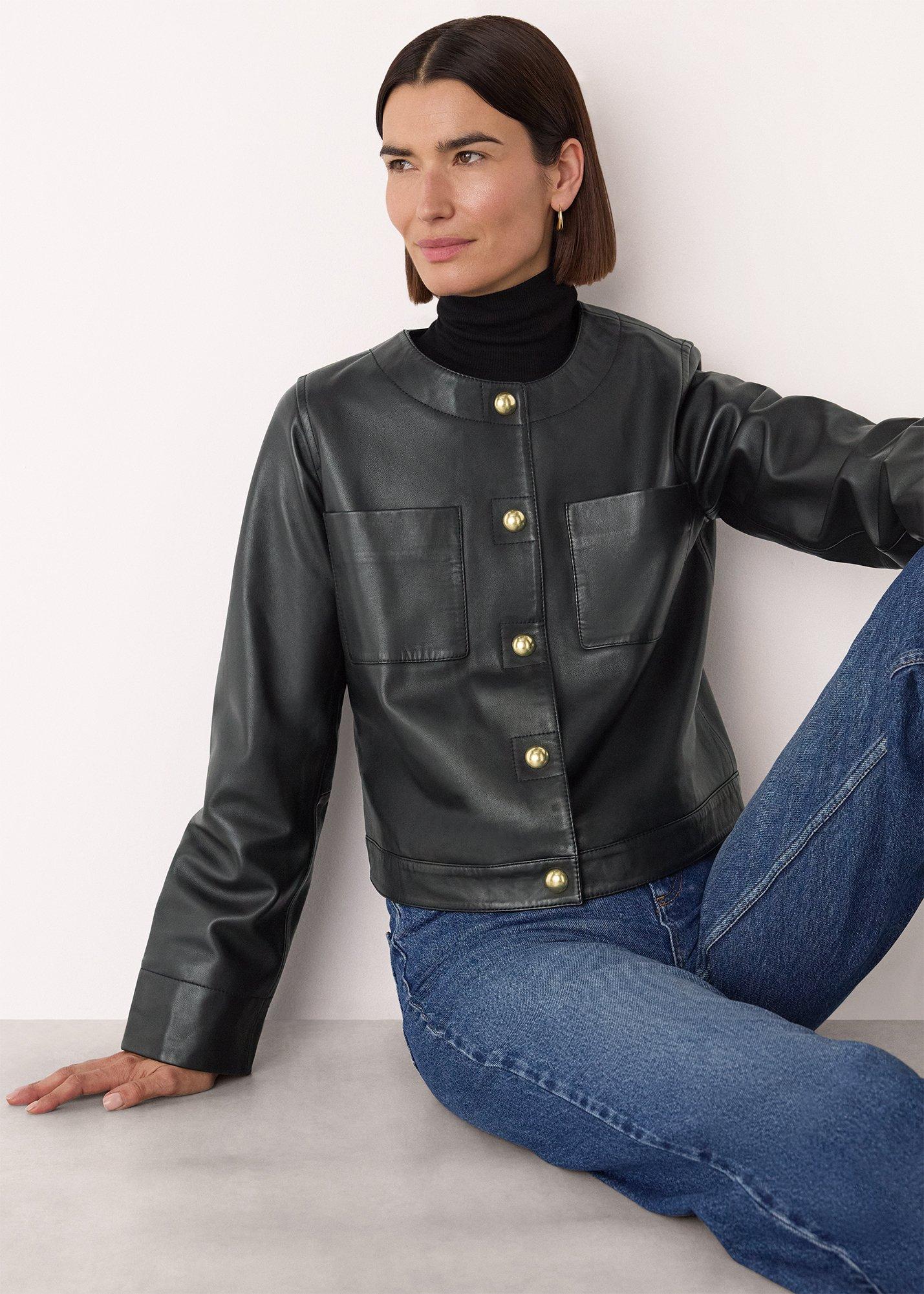 Collarless Leather Jacket