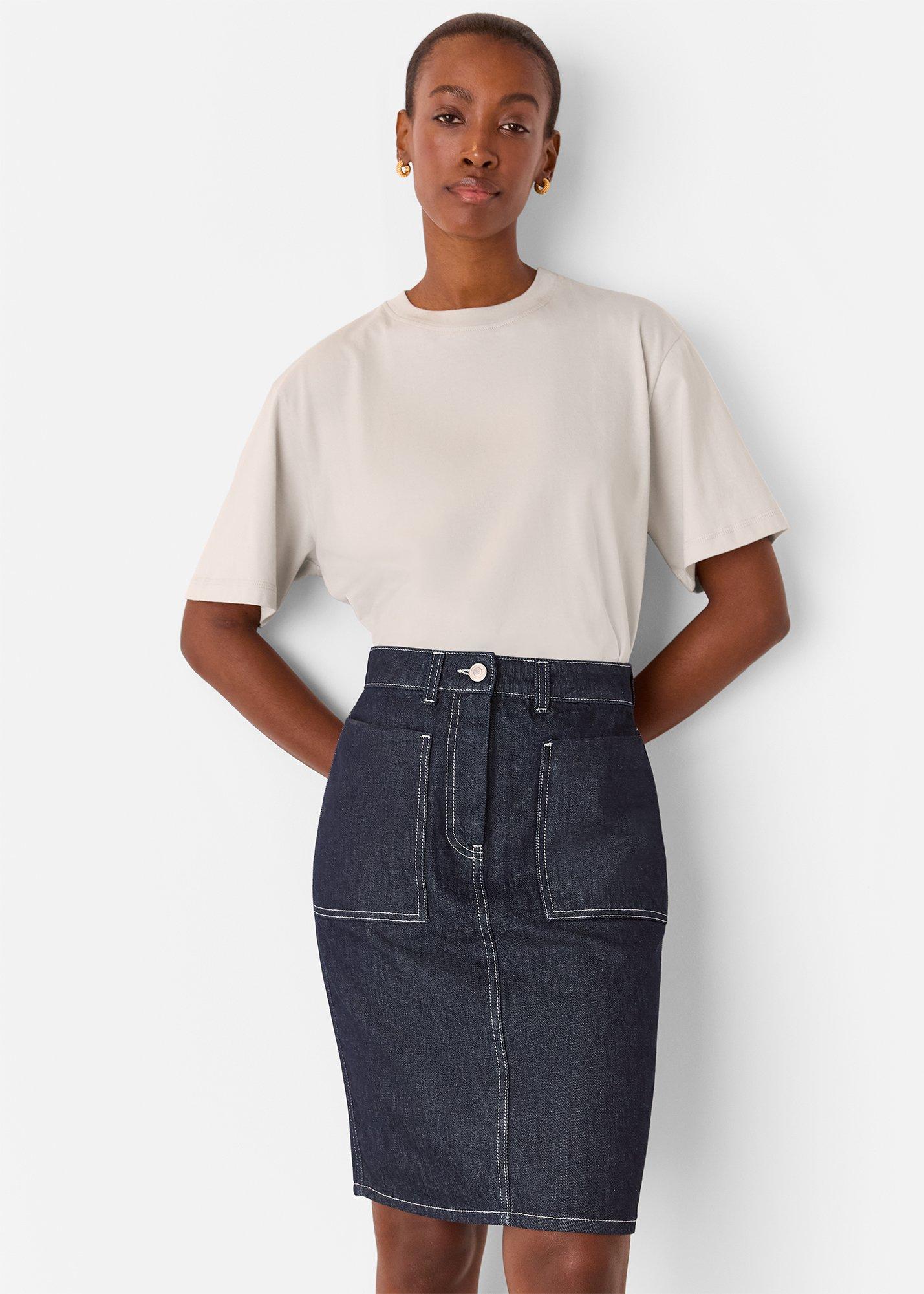Dark Denim Contrast Stitch Midi Skirt
