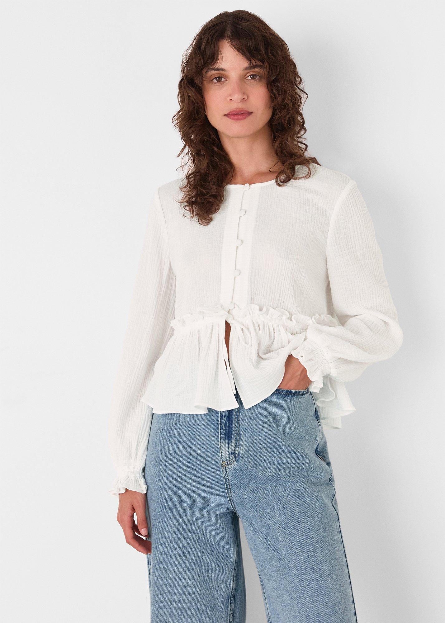 White Cotton Frill Peplum Blouse