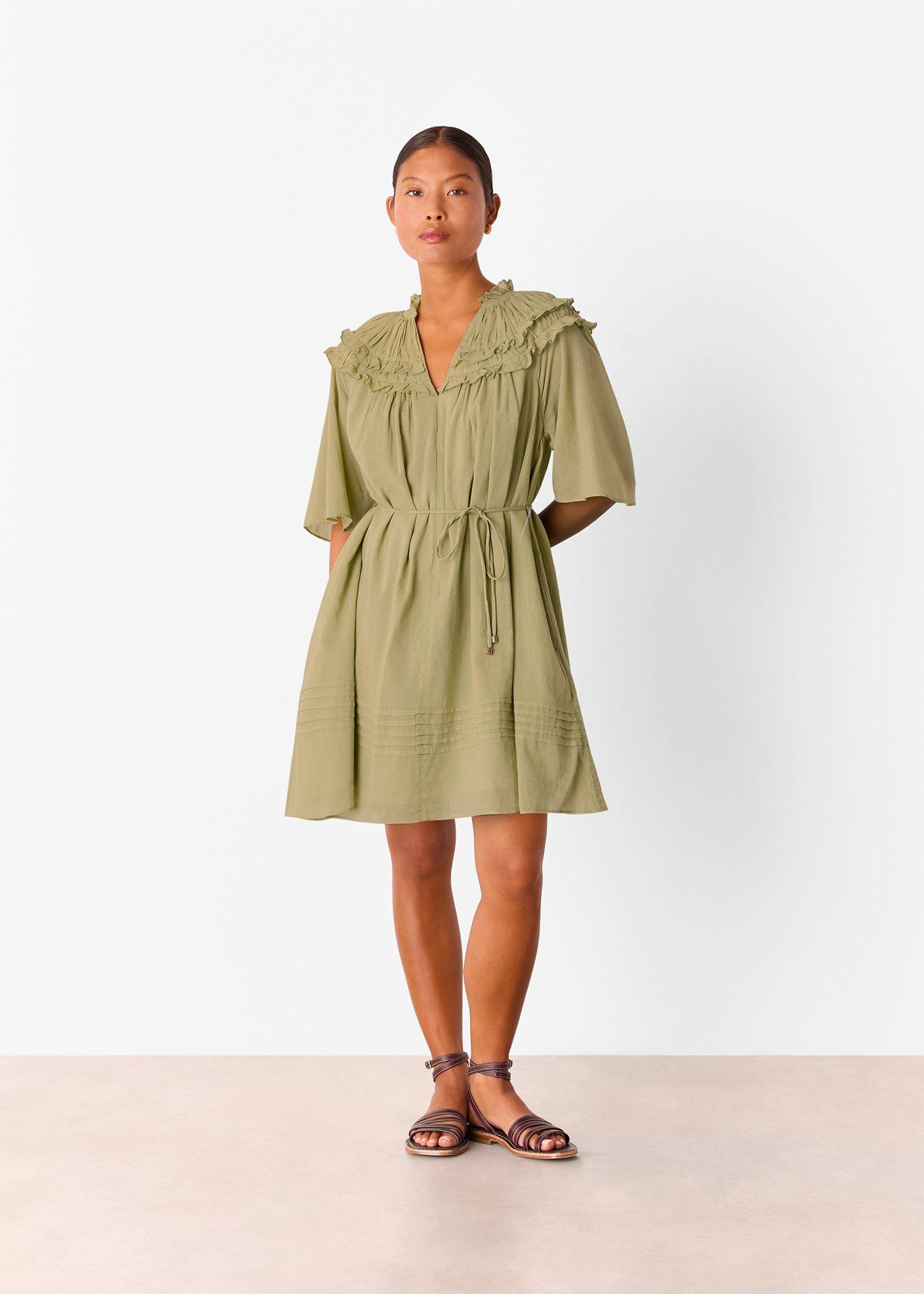 Khaki Cotton Frill Mini Dress