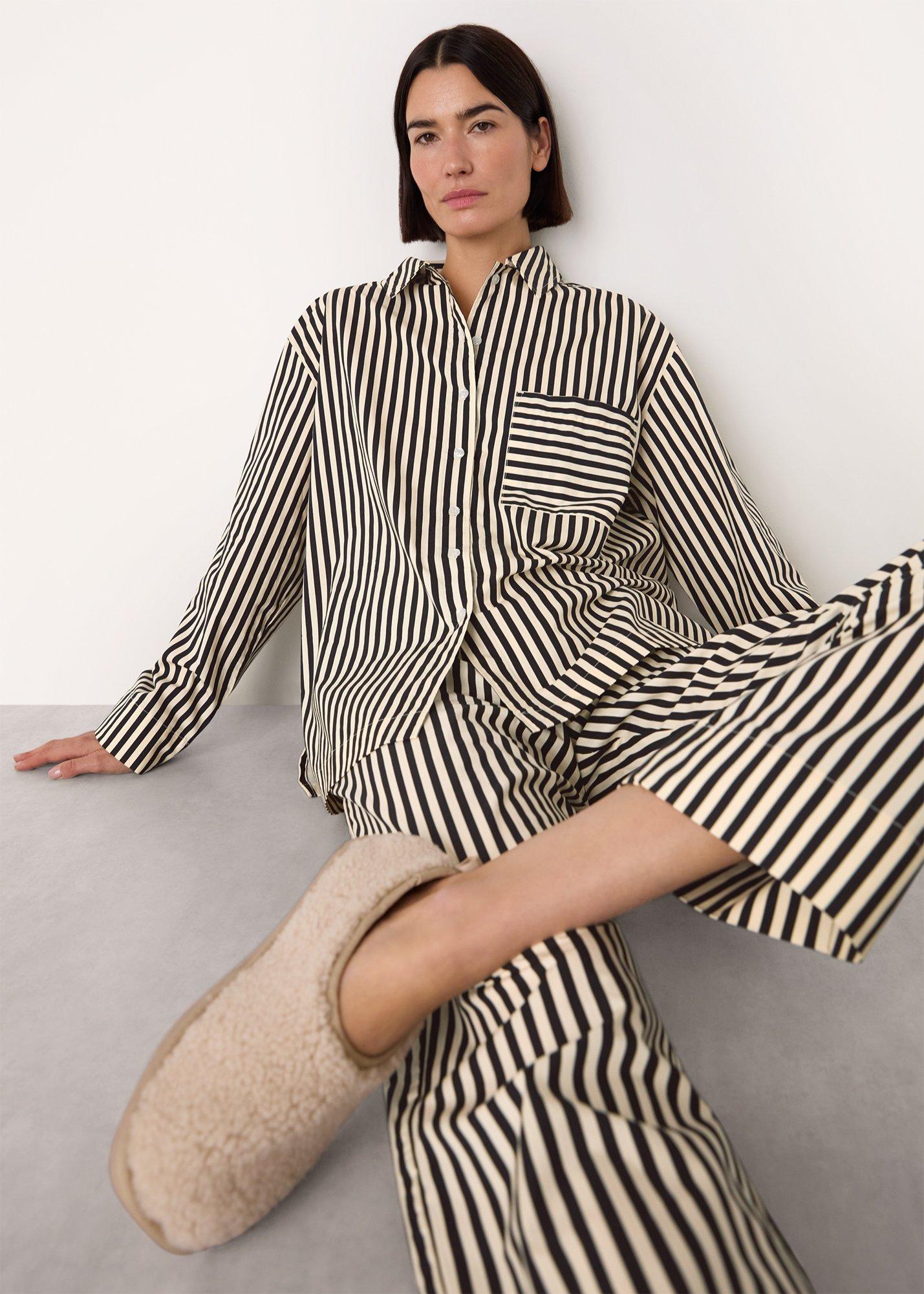 Black Cotton Stripe Pajama Shirt&nbsp;