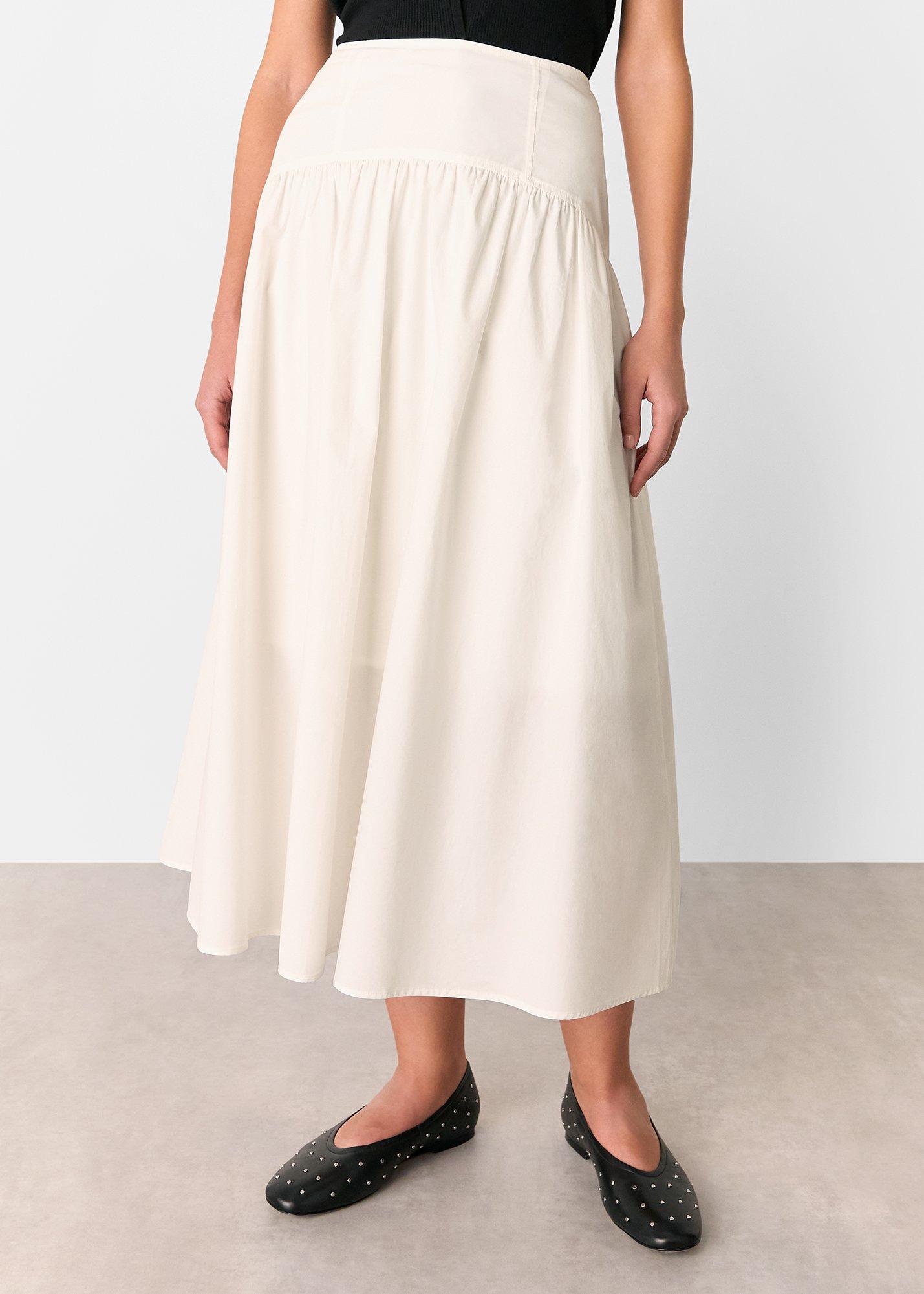 White Cotton Waisted Midi Skirt