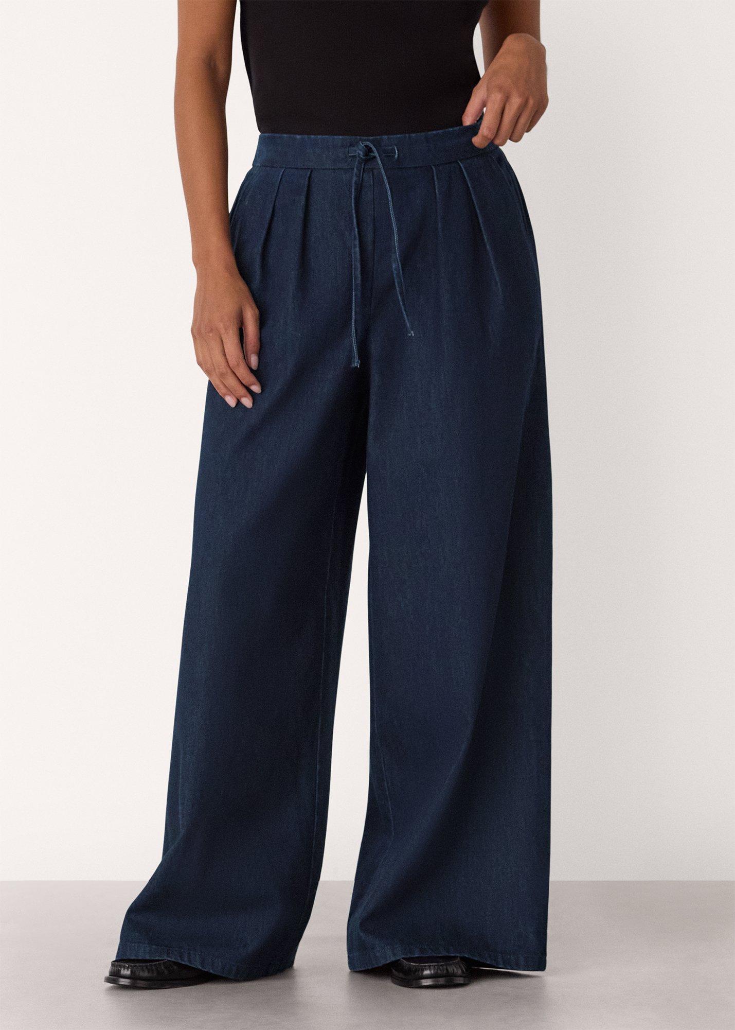 Dark Denim Cotton Wide Leg Pleat Trouser