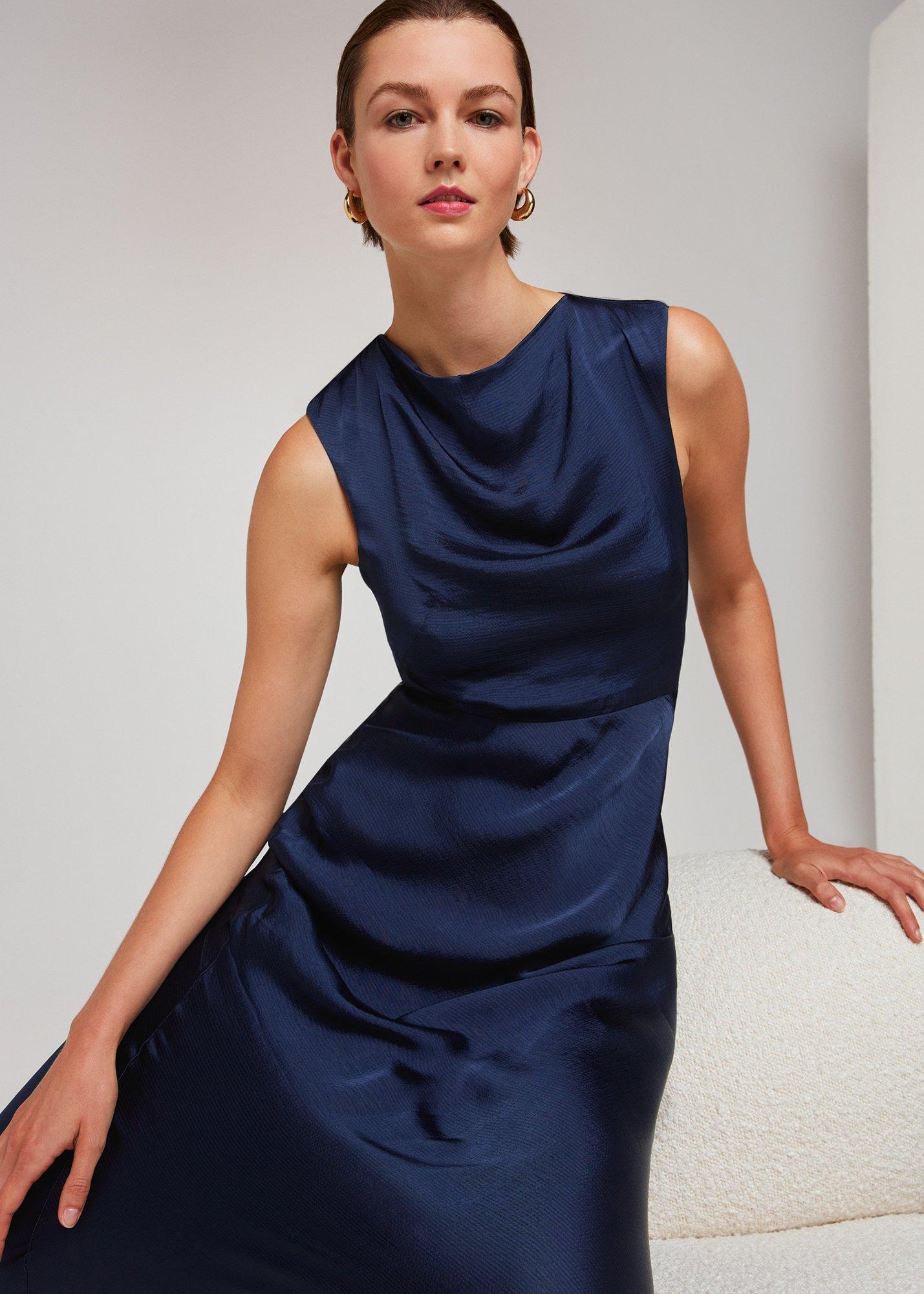 Navy Cowl Neck Satin Maxi Dress