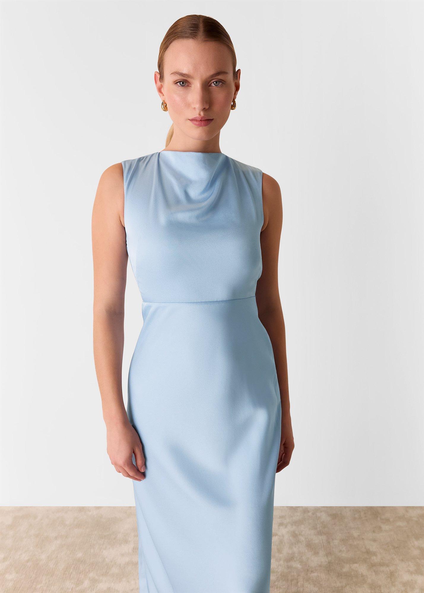 Pale Blue Cowl Neck Satin Maxi Dress