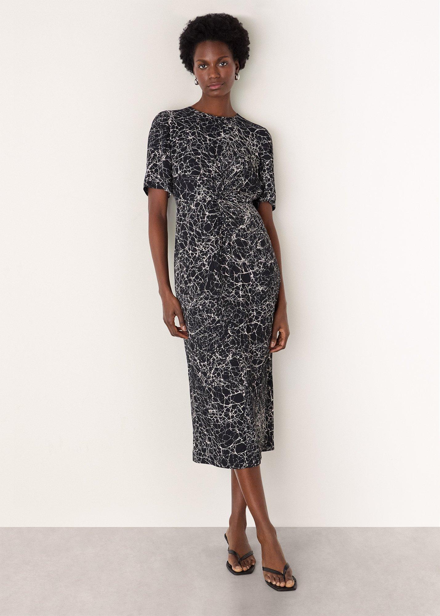 Navy Crackle Print Twist Midi Dress