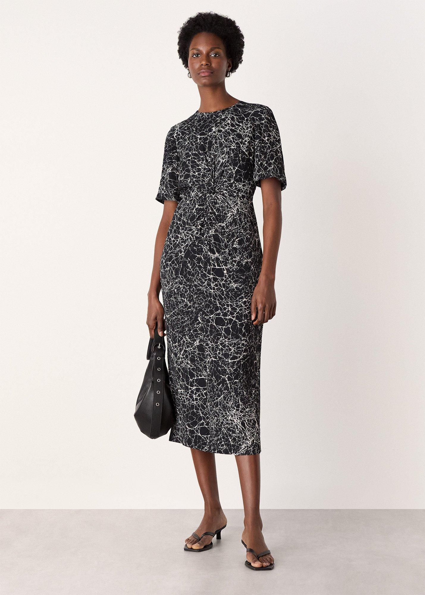 Navy Crackle Print Twist Midi Dress